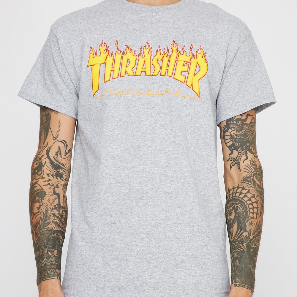 Thrasher Heather Gray Flame Logo T-Shirt Sz M